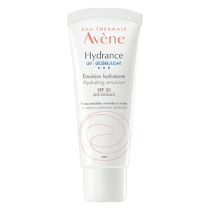 Hydratisierende Emulsion in einem weißen, schlanken Tube mit SPF 30 für empfindliche Haut.