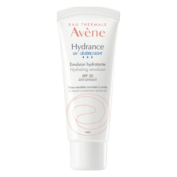 Hydratisierende Emulsion in einem weißen, schlanken Tube mit SPF 30 für empfindliche Haut.