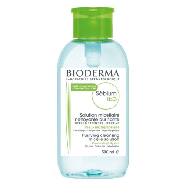 Flasche mit micellare Lösung von Bioderma für Misch- und fettige Haut, mit praktischer Pumpöffnung, 500 ml.