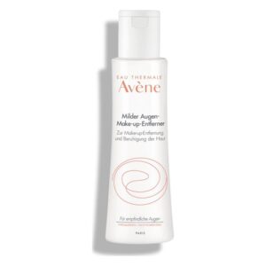 Eine durchsichtige Flasche mit milder Augen-Make-up-Entfernerlotion von Avène, beschriftet zur beruhigenden Hautpflege.