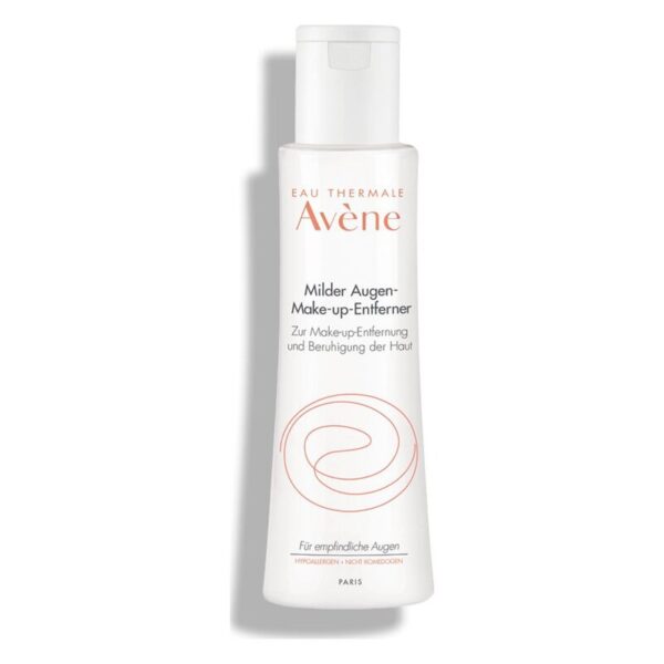 Eine durchsichtige Flasche mit milder Augen-Make-up-Entfernerlotion von Avène, beschriftet zur beruhigenden Hautpflege.