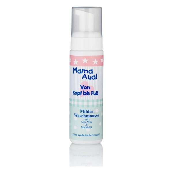 Pumpflasche mit mildem Waschmousse für Kinder, enthält Aloe Vera und Mandelöl, fröhliches Design mit Sternen.