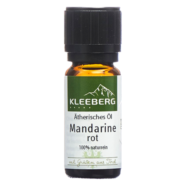 Braune Glasflasche mit schwarzem Verschluss, etikettiert mit "Ätherisches Öl Mandarine rot" von Kleeberg, 100% naturrein.