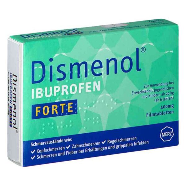 Packung mit Dismenol Ibuprofen Forte, 400mg Filmtabletten zur Behandlung von Schmerzen und Fieber.
