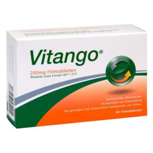 Packung Vitango Filmtabletten mit 200mg Rhodiola rosea Extrakt, zur Anwendung bei Stresssymptomen.
