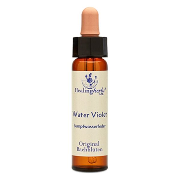 Braune Glasflasche mit Pipette, beschriftet mit 'Water Violet Sumpfwasserfeder' und Logo von Healing Herbs.
