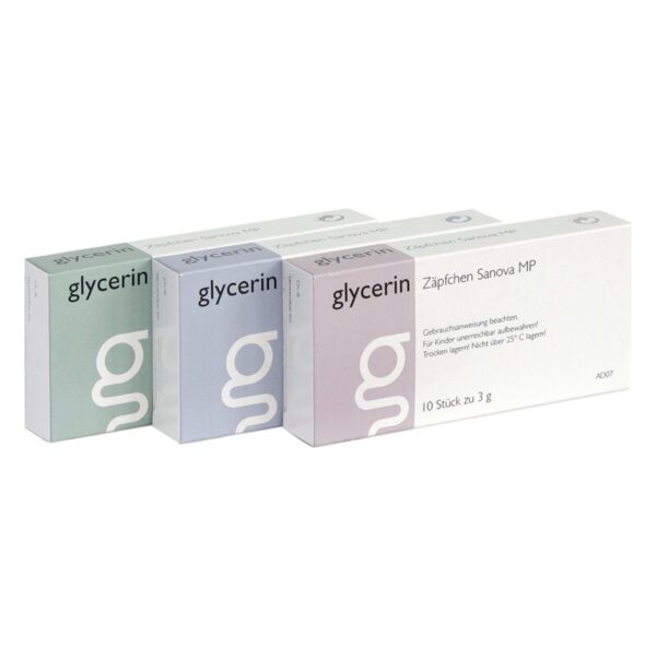 Drei Packungen Glycerin-Zäpfchen in verschiedenen Farben, mit medizinischen Hinweisen und Dosierungsinformation auf der Verpackung.