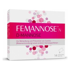 Verpackung von FEMANNOSE D-Mannose, zur Behandlung und Prävention von Zystitis und Harnwegsinfekten, mit hexagonalen und runden grafischen Elementen.