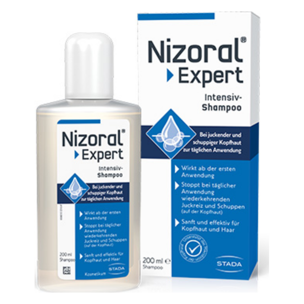 Nizoral Expert Intensiv-Shampoo in einer 200 ml Flasche mit blauer und weißer Verpackung zur Anwendung bei juckender Kopfhaut.
