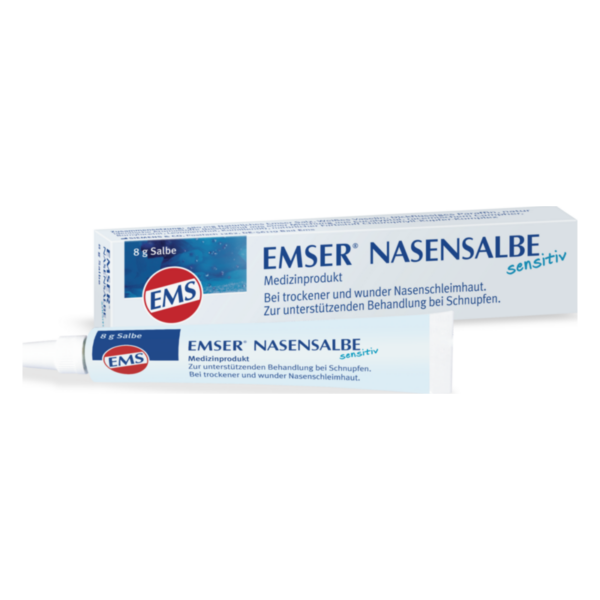 EMSER Nasensalbe in einer Tubenverpackung, 8 g, zur Behandlung von trockener Nasenschleimhaut und Schnupfen.
