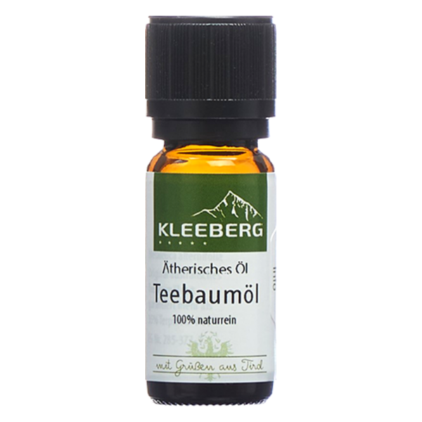 Braune Glasflasche mit schwarzem Deckel und Etikett für 100% reines Teebaumöl von Kleeberg.