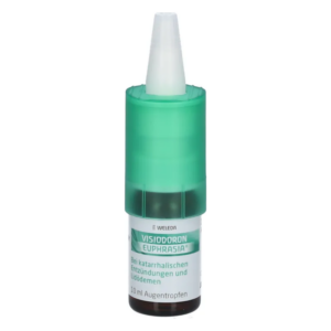 Augentropfen in einer transparenten Flasche mit grünem Verschluss für die Behandlung von Entzündungen.