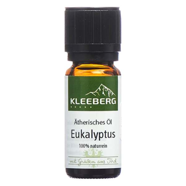 Braune Glasflasche mit schwarzem Schraubverschluss, enthält 100% reines Eukalyptusöl von Kleeberg.