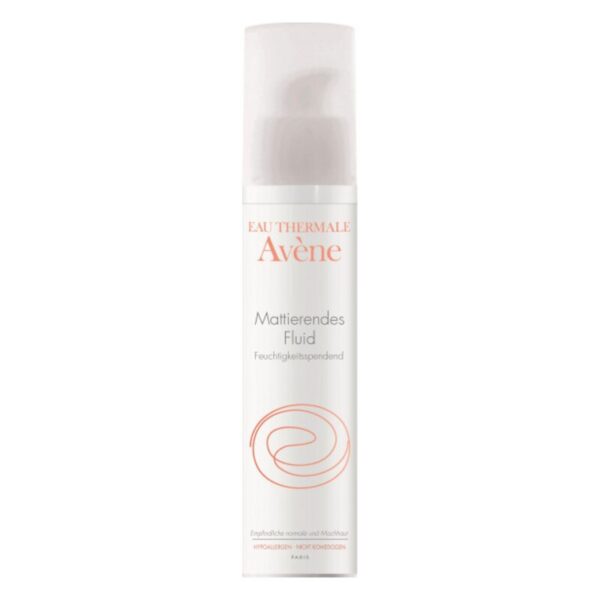 Flasche mit matteierendem Fluid von Avène, weiß mit orangefarbenem Schriftzug, spende Feuchtigkeit und ist für normale bis Mischhaut geeignet.