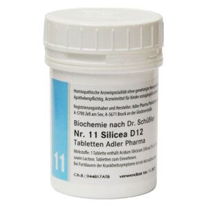 Weißer Plastikbehälter mit Schraubdeckel, beschriftet mit homöopathischem Mittel Silicea D12 von Adler Pharma.