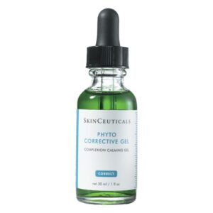 Grünes Gel in transparenter Glasflasche mit Pipette, beschriftet als 'Phyto Corrective Gel' von SkinCeuticals.