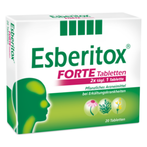 Verpackung von Esberitox Forte Tabletten, pflanzliches Arzneimittel gegen Erkältungen, mit Illustrationen von Pflanzen und Angaben zur Einnahme.