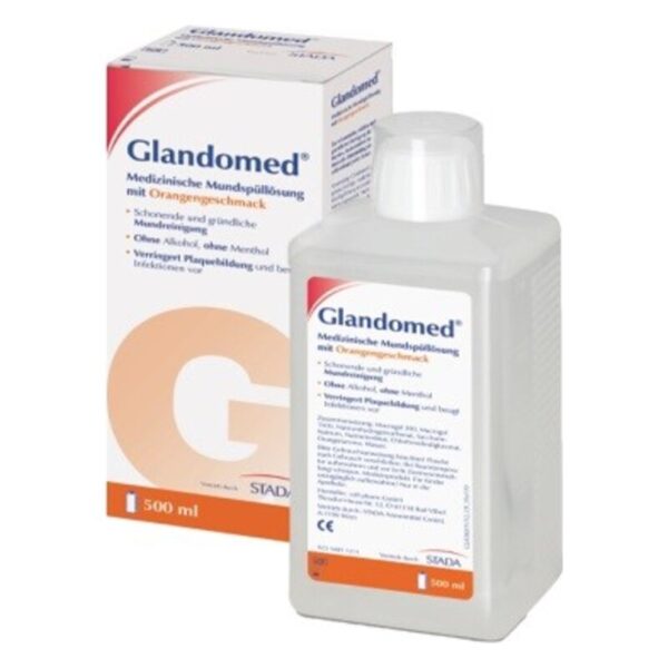 Glandomed medizinische Mundspüllösung in 500 ml Flasche mit Orangengeschmack und Verpackung.
