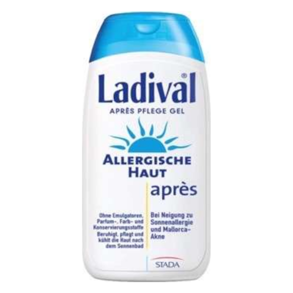 Flasche Ladival après Pflege Gel für allergische Haut mit blauer Kappe und Sonnenmotiv; enthält beruhigende Inhaltsstoffe.