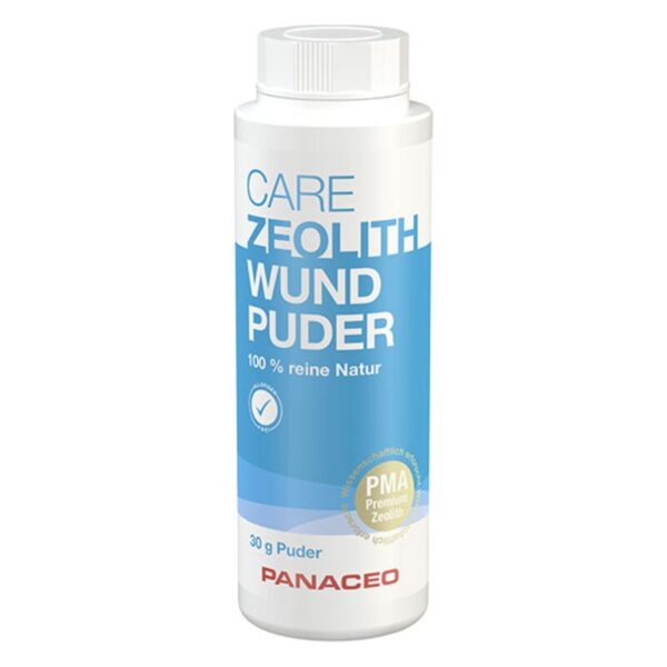 Flasche mit Zeolith Wundpuder, 100% natürliche Inhaltsstoffe, weiß-blaues Design, für Wundbehandlung.
