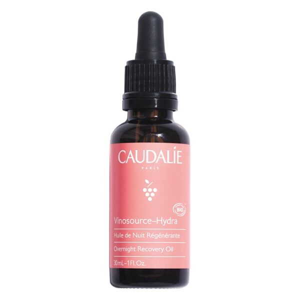 Braune Glasflasche mit schwarzem Tropfverschluss, gefüllt mit regenerierendem Gesichtsöl von Caudalie, etikettiert mit Vinosource-Hydra.