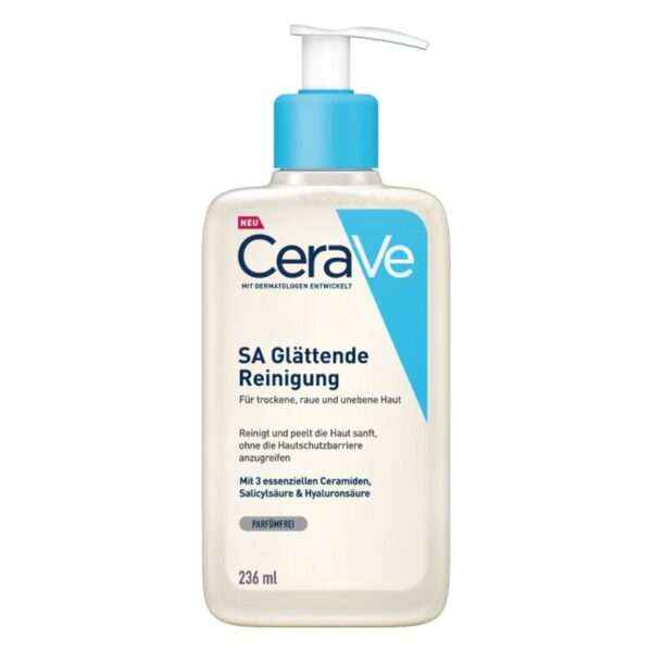Flasche mit CeraVe SA Glättende Reinigung für trockene, raue Haut, mit Pumpe und blauer Kappe, 236 ml.