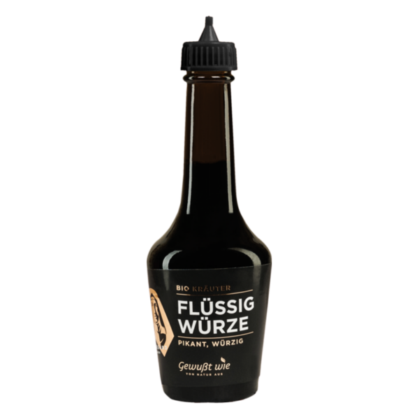 Flasche mit flüssiger Würze, pikant und würzig, schwarzes Design mit goldenen Schriftzügen.