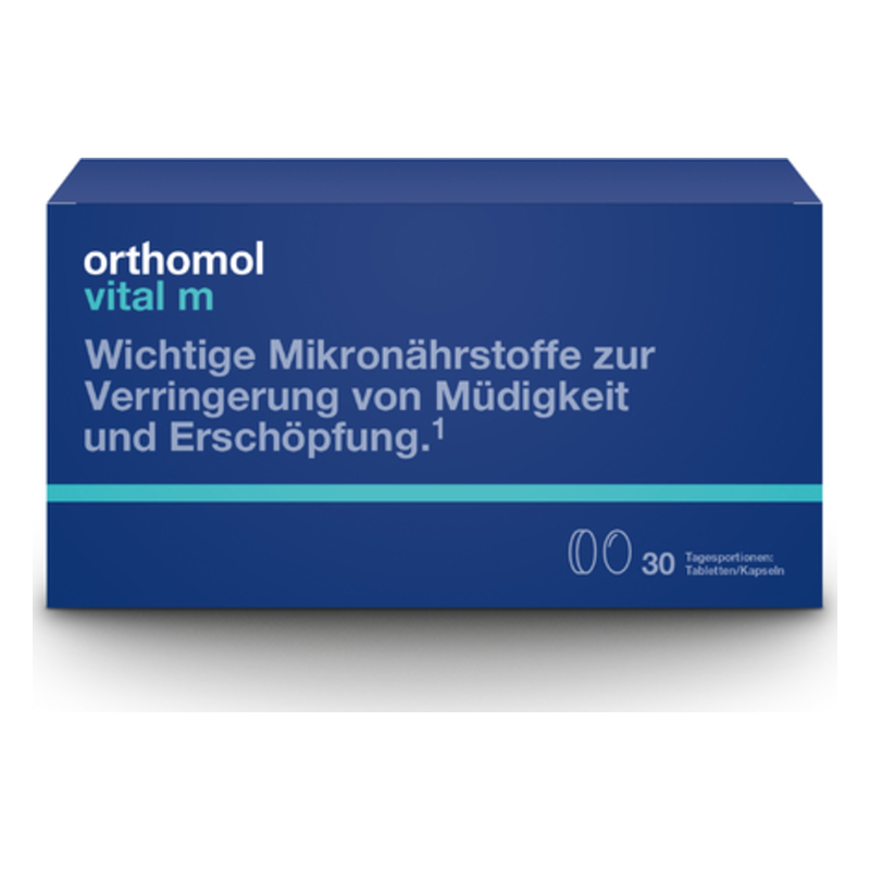 Verpackung von orthomol vital m, eine Nahrungsergänzung zur Verringerung von Müdigkeit und Erschöpfung.