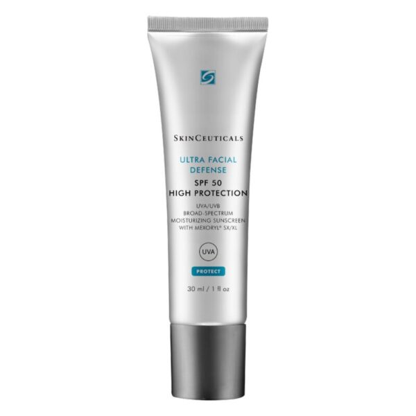 Sonnenschutzcreme in einer silbernen Tube mit blauem Aufdruck, schützt vor UVA/UVB-Strahlen, 30 ml.