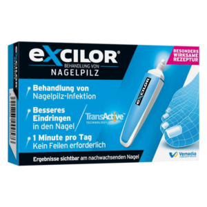 Verpackung von Excilor zur Behandlung von Nagelpilz, mit Applikator und Angaben zur Anwendung.