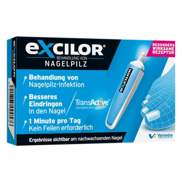 Verpackung von Excilor zur Behandlung von Nagelpilz, mit Applikator und Angaben zur Anwendung.