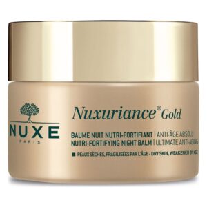Goldener Tiegel mit NUXE Nuxuriance Gold Nachtbalsam, designed für trockene, altersschwache Haut.