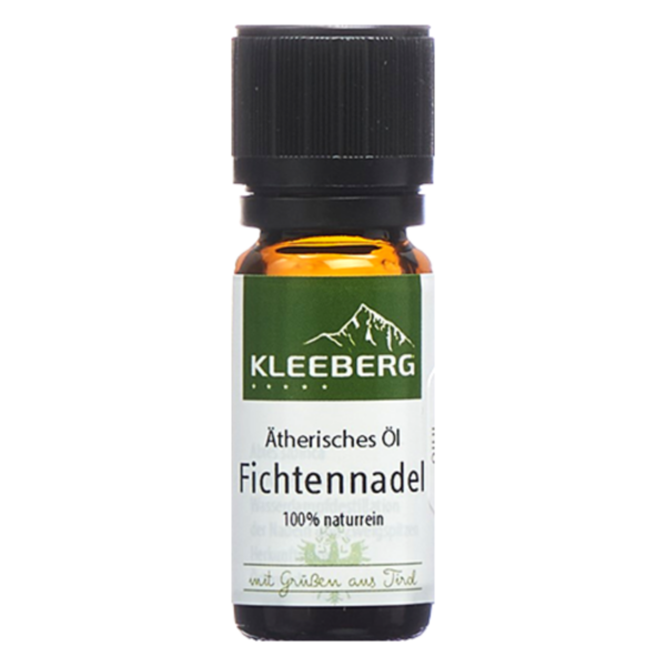 Braune Glasflasche mit Schwarzverschluss, enthält ätherisches Öl Fichtennadel, naturrein, mit grünen Akzenten.