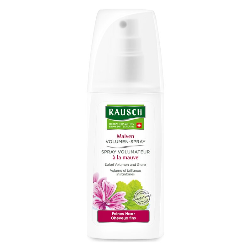 Malven Volumen-Spray in weißer Flasche mit transparentem Sprühkopf, beschriftet mit Produktinformationen.