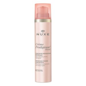 Rosa Flasche mit Pumpverschluss, enthält NUXE Crème Prodigieuse Boost, eine energiegebende Hautcreme für alle Hauttypen.