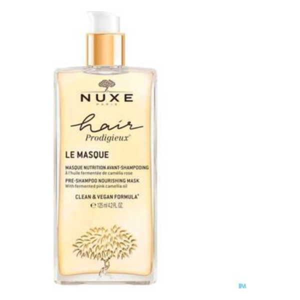 Flasche mit NUXE Haarmaske, goldene Verpackung, Pumpe, 125 ml, vegane Formel und Inhaltsangaben auf Französisch.