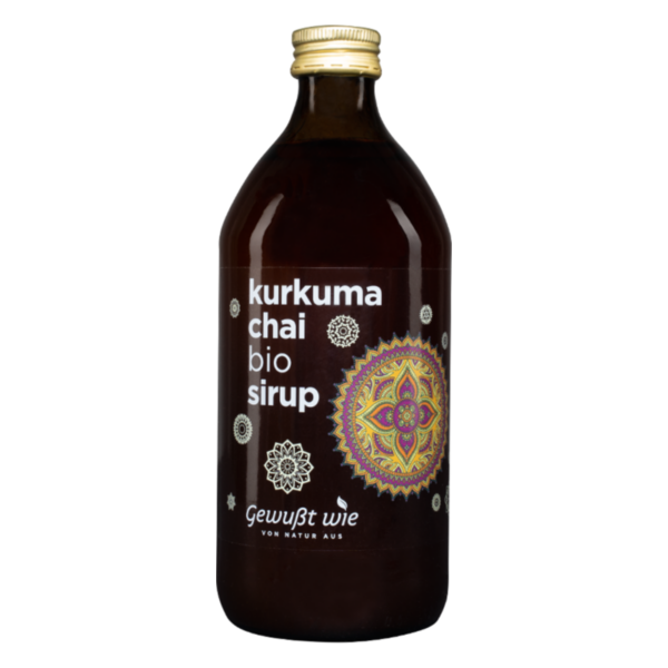 Braune Glasflasche mit gelbem Schraubverschluss, gefüllt mit Bio-Kurkuma-Chai-Sirup, dekoriert mit bunten Mandala-Mustern.