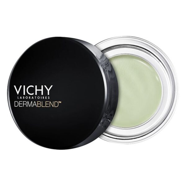 Runde, schwarze Verpackung mit silbernem Rand, die grünen Concealer von Vichy DERMABLEND zeigt.