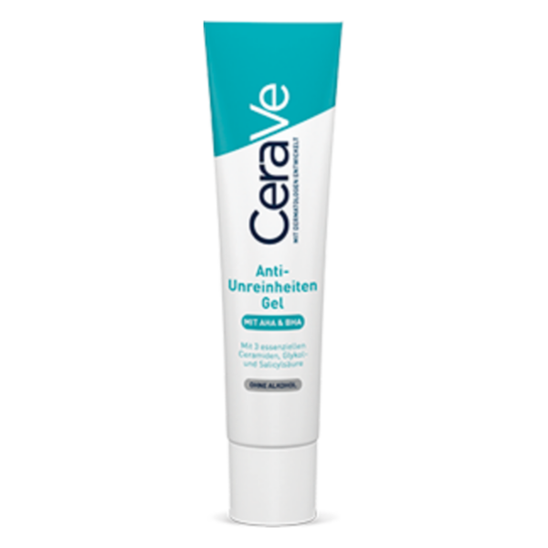 Ker Tube mit Anti-Unreinheiten Gel, verdeutlicht die Inhaltsstoffe AHA, BHA und Ceramide.
