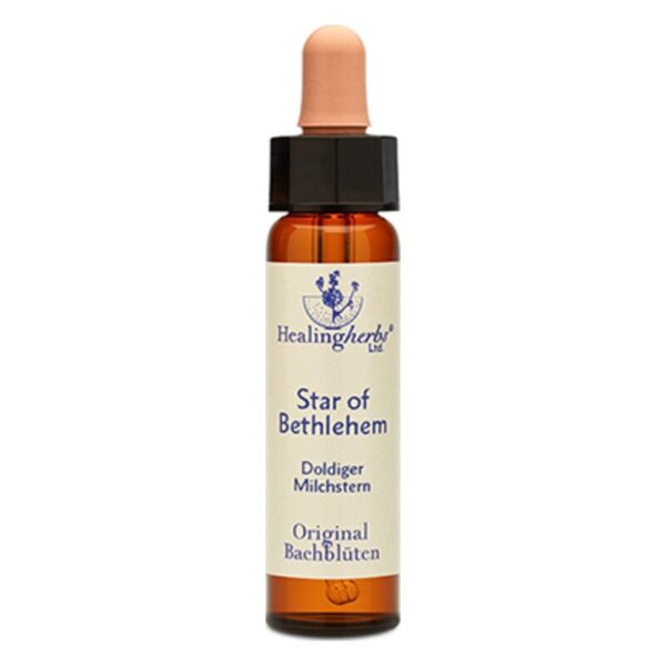 Braune Glasflasche mit Pipette, etikettiert mit "Star of Bethlehem" und "Original Bachblüten" von Healing Herbs.