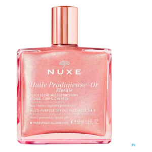 Flasche NUXE Huile Prodigieuse Or Florale, eine multifunktionale, trockene Ölpflege mit glitzerndem Effekt, für Gesicht, Körper und Haare.