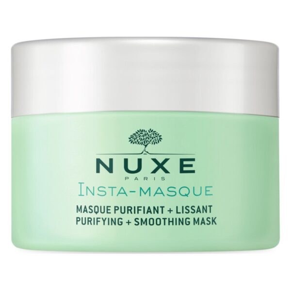 Runde, mintgrüne Verpackung einer Beautymaske mit weißem Deckel und NUXE-Logo.