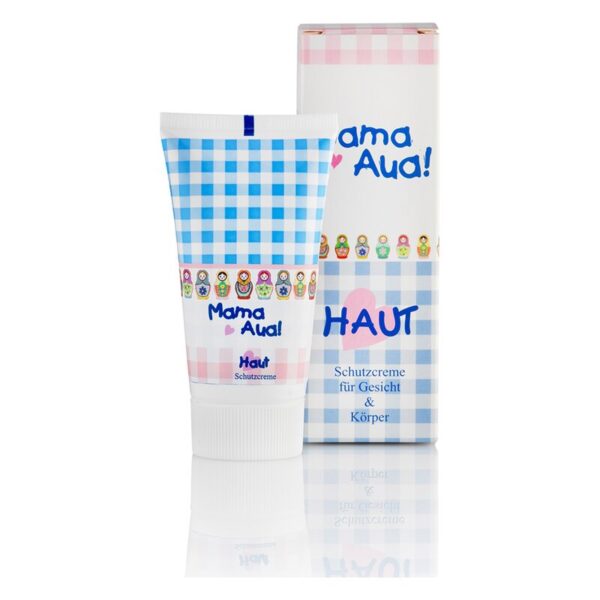 Eine Tubenverpackung von Schutzcreme für Gesicht und Körper mit blau-weißem Karo-Muster und bunten Matroschka-Motiven.