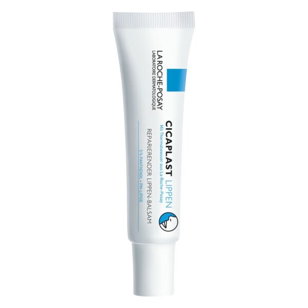 Plastiktube mit reparierendem Lippenbalsam von La Roche-Posay, beschriftet mit "Cicaplast" und Inhaltsstoffen.