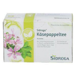 Verpackung von Sidroga Käsepappeltee mit pinken Blütenillustrationen und Informationen zur Anwendung.
