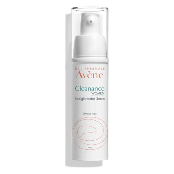 Flasche mit Korrekturserum von Avène, dunkelrosa Schrift auf weißem Hintergrund, pumpbares Design.