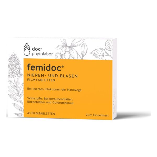 Packung von femidoc Nieren- und Blasen Filmtabletten mit orangefarbenem Label und Pflanzenillustrationen.