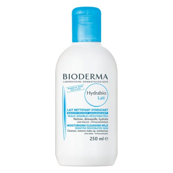 Eine weiße Flasche mit blauer Verschlusskappe, enthält Hydrabio Gesichtsmilch von Bioderma, für sensible, dehydrierte Haut.