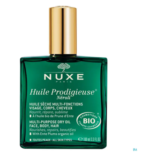 Flasche mit NUXE Huile Prodigieuse, grün, mit goldfarbenem Deckel, für Gesicht, Körper und Haare.