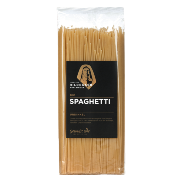 Verpackung mit Bio-Spaghetti aus Ur-Dinkel, beschriftet mit dem Namen Hildegard von Bingen.